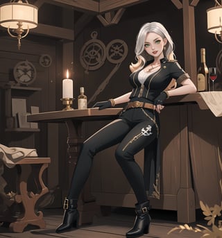 A masterpiece of adventure, fantasy, pirate, romance, and supernatural themes rendered in ultra-high resolution with graphic details. | A beautiful and sensual 28-year-old woman named Scarlett is wearing a sexy Pirate costume consisting of a short-sleeved white shirt with black details, fitted black fabric pants with white details, a leather belt with a silver anchor-shaped buckle, black high-heeled boots with white details, and black fabric gloves. She also has accessories such as a pair of silver starfish-shaped earrings, a gold necklace with an anchor-shaped pendant, leather and bead bracelets on her hands, and a silver ring with a small ruby on her right hand. Her short and messy blonde hair has a modern and stylish cut. Her green eyes are looking at the viewer with a seductive expression, as she smiles with her mouth open, showing her teeth and wearing red lipstick. She is standing on the ground, in a pirate house, with wooden structures, candles, antique maps, a bottle of rum, and a sword. | The image highlights Scarlett's imposing and sensual figure, her curves, and the accessories she wears. The warm and soft lighting of the scene enhances the details of the setting and creates dramatic shadows. | Soft and dark lighting effects create a sensual and mysterious atmosphere, while detailed textures on the skin, fabrics, and structures add realism to the image. | A sensual and romantic scene of a beautiful woman wearing a sexy Pirate costume in a pirate house, exploring themes of adventure, desire, seduction, and fantasy. | (((((The image reveals a full-body shot as she assumes a sensual pose, engagingly leaning against a structure within the scene in an exciting manner. She takes on a relaxed pose as she interacts, boldly leaning on a structure, leaning back in an exciting way))))). | ((full-body shot)), ((perfect body)), ((perfect pose)), ((perfect fingers, better hands, perfect hands)), ((perfect legs, perfect feet)), ((huge breasts, big natural breasts, sagging breasts)), ((perfect design)), ((perfect composition)), ((very detailed scene, very detailed background, perfect layout, correct imperfections)), ((More Detail, Enhance)),