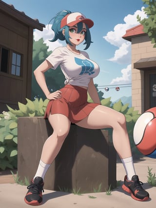 A beautiful Pokemon trainer, wearing a white t-shirt with a PokeBall design, and a red skirt with white stripes. She wears white spandex socks and black sneakers. She has gigantic breasts and blue hair. Her hair is tied in a ponytail, it is short and she wears a cap. The fringe of her hair covers her eyes. She is looking directly at the viewer. She is in a Pokemon Center, which is full of moving machines, ((Pokemons)), windows, and large structures.. (She is striking a sensual pose, leaning on anything or object, resting and leaning against herself over it), perfect, ((full body)), UHD, best possible quality, ultra detailed, best possible resolution, Unreal Engine 5, professional photography, (pokemon), perfect hand, fingers, hand, perfect, More detail.