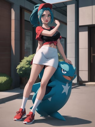 A beautiful Pokémon trainer, wearing a white t-shirt with a Poké Ball design, and a red skirt with white stripes. She wears white spandex socks and black sneakers. She has gigantic breasts and blue hair. Her hair is tied in a ponytail, it is short and she wears a cap. The fringe of her hair covers her eyes. She is looking directly at the viewer. She is in a Pokémon Center, which is full of moving machines, Pokémon, windows, and large structures.. (She is striking a sensual pose, leaning on anything or object, resting and leaning against herself over it), ((full body)), (pokemon), UHD, best possible quality, ultra detailed, best possible resolution, Unreal Engine 5, professional photography, perfect hand, fingers, hand, perfect , More detail.