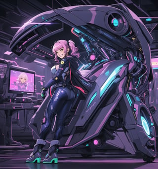 An ultra-detailed 16K masterpiece with cyberpunk and anime styles, rendered in ultra-high resolution with graphic detail. | A young 25-year-old woman is dressed in a silver-colored mecha suit with electric blue details. The costume features rugged armor, a hooded cape, tall boots, and gloves with retractable claws. She has short pink hair, with big bangs, two long pigtails and luminous barrettes. She has yellow eyes, is looking at the viewer, while ((smiling, showing her teeth)). She is in a futuristic laboratory, surrounded by futuristic structures, metal structures and high-tech computers. Blue and violet neon lighting casts complex shadows across the room. | The scene highlights the powerful and chic figure of the young woman, contrasting with the cold and technological environment of the laboratory. The details of the mecha suit and neon lights are highlighted by the complex shadows. | Colorful neon lighting effects and complex shadows create a futuristic and lively atmosphere, while detailed textures on the costume and skin add realism to the image. | A dynamic, lively scene of a young woman in the mecha suit in a futuristic laboratory, exploring themes of technology, power and style. | (((((The image reveals a full-body shot as she strikes a sensual pose, engagingly leaning against a futuristic structure within the scene in a thrilling manner. As she leans back, she assumes a sensual pose, leaning against the structure and reclining in an exciting way.))))). | ((full-body shot)), ((perfect pose)), ((perfect fingers, better hands, perfect hands)), ((perfect legs, perfect feet)), ((huge breasts)), ((perfect design)), ((perfect composition)), ((very detailed scene, very detailed background, perfect layout, correct imperfections)), More Detail, Enhance