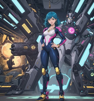 A masterpiece of digital art in the styles of Adventure, Science Fiction, Mecha, Technology, and Futurism. | Akira, a 27-year-old woman, wears a blue and silver mecha suit. The suit has a futuristic and aerodynamic design, highlighting her athletic and muscular figure. She also wears a pair of gold earrings with delta-wing-shaped pendants, a silver necklace with a sphere-shaped pendant, black leather bracelets on her hands, and a gold ring with a small diamond on her right hand. Her short, modern blue hair is styled to the side, framing her pretty and determined face. Her green eyes shine with confidence and intelligence, as she smiles at the viewer, showing her bright, white teeth and lips painted in a dark shade of pink. She is in an ultra-technological laboratory, striking a confident and powerful pose. The location is illuminated by bright LED lights, with technological and metallic structures, machines, and high-tech equipment scattered on the ground. The atmosphere is electrified and full of energy, with Akira at the center of it all, ready to face any challenge. | (((((The image reveals a full-body shot as she assumes a confident pose, standing tall and proud in her mecha suit within the lab in an exciting manner. She takes on a confident pose as she interacts, boldly crossing her arms and smirking in an exciting way.))))). | ((full-body shot)), ((perfect pose)), ((perfect fingers, better hands, perfect hands)), ((perfect legs, perfect feet)), ((perfect design)), ((perfect composition)), ((very detailed scene, very detailed background, perfect layout, correct imperfections)), More Detail, Enhance,
