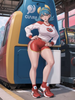 A woman, a Pokémon trainer, is wearing a runner's outfit, a white lycra shirt with red sleeves and a pokéball emblem in the center of the shirt. She is wearing red lycra shorts and white sneakers, and is wearing a runner's helmet on her head. Her breasts are absurdly gigantic. She has short, blue hair in the Chanel style, with a very long fringe covering her left eye. She is looking directly at the viewer. The woman is at a train station with many structures, television advertising panels, and drink machines. Many Pokémon of different types and colors are around her, (a woman is striking a sensual pose, interacting and leaning on any available object/structure in the scene), maximum sharpness, UHD, 16K, anime style, best possible quality, ultra detailed, best possible resolution, ((full body)), Unreal Engine 5, professional photography, perfect_thighs, perfect_legs, perfect_feet, perfect hand, fingers, hand, perfect, better_hands, ((pokémon)), more detail