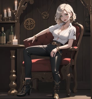 A masterpiece of adventure, fantasy, pirate, romance, and supernatural themes rendered in ultra-high resolution with graphic details. | A beautiful and sensual 28-year-old woman named Scarlett is wearing a sexy Pirate costume consisting of a short-sleeved white shirt with black details, fitted black fabric pants with white details, a leather belt with a silver anchor-shaped buckle, black high-heeled boots with white details, and black fabric gloves. She also has accessories such as a pair of silver starfish-shaped earrings, a gold necklace with an anchor-shaped pendant, leather and bead bracelets on her hands, and a silver ring with a small ruby on her right hand. Her short and messy blonde hair has a modern and stylish cut. Her green eyes are looking at the viewer with a seductive expression, as she smiles with her mouth open, showing her teeth and wearing red lipstick. She is standing on the ground, in a pirate house, with wooden structures, candles, antique maps, a bottle of rum, and a sword. | The image highlights Scarlett's imposing and sensual figure, her curves, and the accessories she wears. The warm and soft lighting of the scene enhances the details of the setting and creates dramatic shadows. | Soft and dark lighting effects create a sensual and mysterious atmosphere, while detailed textures on the skin, fabrics, and structures add realism to the image. | A sensual and romantic scene of a beautiful woman wearing a sexy Pirate costume in a pirate house, exploring themes of adventure, desire, seduction, and fantasy. | (((((The image reveals a full-body shot as she assumes a sensual pose, engagingly leaning against a structure within the scene in an exciting manner. She takes on a relaxed pose as she interacts, boldly leaning on a structure, leaning back in an exciting way))))). | ((full-body shot)), ((perfect body)), ((perfect pose)), ((perfect fingers, better hands, perfect hands)), ((perfect legs, perfect feet)), ((huge breasts, big natural breasts, sagging breasts)), ((perfect design)), ((perfect composition)), ((very detailed scene, very detailed background, perfect layout, correct imperfections)), ((More Detail, Enhance)),