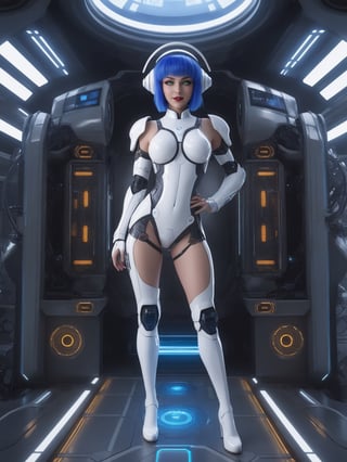 A woman, wearing Cinto Tico costume+robotic+mecha all white+small parts in blue, gigantic breasts, (helmet with visor), blue hair, spiky hair, short hair, hair with bangs in front of her eyes, she is in an alien ship, with elevators, computers, luminous pipes, machines, slimes, Windows, 16K, UHD, best possible quality, ultra detailed, best possible resolution, ultra technological, futuristic, robotic, Unreal Engine 5, professional photography, she is, ((sensual pose with interaction and leaning on anything + object + on something + leaning against)) + perfect_thighs, perfect_legs, perfect_feet, better_hands, ((full body)), More detail,