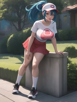A beautiful Pokemon trainer and (1Pokemon), wearing a white t-shirt with a PokeBall design, and a red skirt with white stripes. She wears white spandex socks and black sneakers. She has gigantic breasts and blue hair. Her hair is tied in a ponytail, it is short and she wears a cap. The fringe of her hair covers her eyes. She is looking directly at the viewer. She is in a Pokemon Center, which is full of moving machines, Pokémon, windows, and large structures.. (She is striking a sensual pose, leaning on anything or object, resting and leaning against herself over it), (((full body))), perfect, (pokemon), UHD, best possible quality, ultra detailed, best possible resolution, Unreal Engine 5, professional photography, perfect hand, fingers, hand, perfect, More detail.