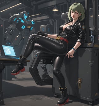 A sci-fi, mecha, adventure, futuristic and technological masterpiece rendered in ultra-high resolution with graphic detail. | A beautiful and sensual 26 year old woman named Mika, wearing a sexy Mecha costume consisting of a black leather jacket with silver details, black leather pants with silver details, black leather belt with silver gear-shaped buckle, boots high top in black leather with silver details and black leather gloves. She also has accessories such as a pair of silver gear-shaped earrings, a gold necklace with a robot-shaped pendant, leather and steel bracelets on her hands, and a silver ring with a small diamond on her right hand. Her short, shaggy green hair has a modern, stylish cut. Her red eyes are looking at the viewer with a seductive expression, while she smiles with her mouth open, showing her teeth and wearing red lipstick. She is standing on the floor, in a laboratory, with steel and glass structures, high-tech machines and equipment, a work table with robot plans and a computer screen. | The image highlights Mika's imposing and sensual figure, her curves and the accessories she wears. The scene's soft, cool lighting highlights the scene's details and creates dramatic shadows. | Soft, moody lighting effects create a sensual and mysterious atmosphere, while detailed textures on skin, fabrics and structures add realism to the image. | A sensual, futuristic scene of a beautiful woman wearing a sexy Mecha suit in a high-tech laboratory, exploring themes of adventure, desire, seduction and science fiction. | (((((The image reveals a full-body shot as she assumes a sensual pose, engagingly leaning against a structure within the scene in an exciting manner. She takes on a relaxed pose as she interacts, boldly leaning on a structure, leaning back in an exciting way))))). | ((full-body shot)), ((perfect body)), ((perfect pose)), ((perfect fingers, better hands, perfect hands)), ((perfect legs, perfect feet)), ((huge breasts, big natural breasts, sagging breasts)), ((perfect design)), ((perfect composition)), ((very detailed scene, very detailed background, perfect layout, correct imperfections)), ((More Detail, Enhance))