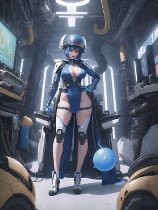 A woman, wearing Cinto Tico costume+robotic+mecha all white+small parts in blue, gigantic breasts, (helmet with visor), blue hair, spiky hair, short hair, hair with bangs in front of her eyes, she is in an alien ship, with elevators, computers, luminous pipes, machines, slimes, Windows, 16K, UHD, best possible quality, ultra detailed, best possible resolution, ultra technological, futuristic, robotic, Unreal Engine 5, professional photography, she is, ((sensual pose with interaction and leaning on anything + object + on something + leaning against)) + perfect_thighs, perfect_legs, perfect_feet, better_hands, ((full body)), More detail,