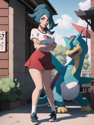 A beautiful Pokemon trainer, wearing a white t-shirt with a PokeBall design, and a red skirt with white stripes. She wears white spandex socks and black sneakers. She has gigantic breasts and blue hair. Her hair is tied in a ponytail, it is short and she wears a cap. The fringe of her hair covers her eyes. She is looking directly at the viewer. She is in a Pokemon Center, which is full of moving machines, Pokemon, windows, and large structures.. (She is striking a sensual pose, leaning on anything or object, resting and leaning against herself over it), perfect, ((full body)), UHD, best possible quality, ultra detailed, best possible resolution, Unreal Engine 5, professional photography, perfect hand, fingers, hand, perfect, More detail. ((pokemon))