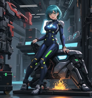 A masterpiece of digital art in Adventure, Sci-Fi, Cyberpunk and Mecha styles. | Akira, a 28-year-old woman, wears a silver and blue mecha suit, with neon green details. The costume is form-fitting and has several moving parts, highlighting his athletic and muscular figure. She also wears a pair of silver earrings with gear-shaped pendants, a stainless steel necklace with a triangle-shaped pendant, black leather bracelets on her hands, and a titanium ring with a small green crystal on her left hand. Her short, shaggy blue hair is styled in a way that highlights her sensual features. Her green eyes shine with confidence and intelligence as she ((smiles)) at the viewer, showing off her bright white teeth and dark purple painted lips. She is in an ultra-technological laboratory, striking a confident and powerful pose. The place is lit by bright LED lights, with technological and metallic structures, machines, robots and high-tech equipment spread across the floor. The atmosphere is electric and full of energy, with Akira at the center of it all, ready to take on any challenge. | (((((The image reveals a full-body shot as she assumes a sensual pose, engagingly leaning against a structure within the scene in an exciting manner. She takes on a sensual pose as she interacts, boldly leaning on a structure, leaning back in an exciting way.))))). | ((full-body shot)), ((perfect pose)), ((perfect fingers, better hands, perfect hands)), ((perfect legs, perfect feet)), ((huge breasts, big natural breasts, sagging breasts)), ((perfect design)), ((perfect composition)), ((very detailed scene, very detailed background, perfect layout, correct imperfections)), More Detail, Enhance