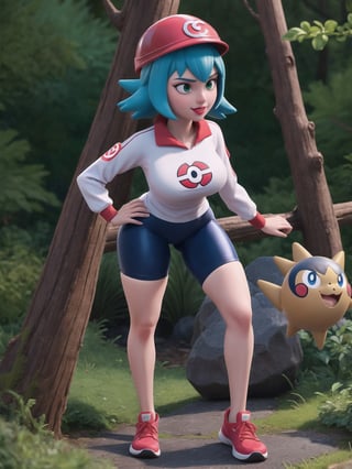 A woman, a Pokémon trainer, is wearing a runner's outfit, a white lycra shirt with red sleeves and a pokéball emblem in the center of the shirt. She is wearing red lycra shorts and white sneakers, and is wearing a runner's helmet on her head. Her breasts are absurdly gigantic. She has short, blue hair in the Chanel style, with a very long fringe covering her left eye. She is looking directly at the viewer. The woman is in a forest in the mountains at night, raining heavily, with many trees, tree trunks, a waterfall, and many large rocks. Many Pokémons of different types and colors are around her, ((a woman is striking a sensual pose, interacting and leaning on any available object/structure in the scene)), maximum sharpness, UHD, Fullhd, 16K, anime style, best possible quality, ultra detailed, best possible resolution,  Unreal Engine 5, ((full body)), professional photography, perfect_thighs, perfect_legs, perfect_feet, perfect hand, fingers, hand, perfect, better_hands, ((Pokémon)), more detail