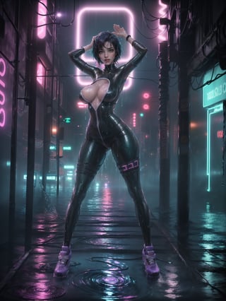 ((Full body):2) {((Solo/Just a 30 year old woman):2)}:{((wearing black cyberpunk costume with neon lights extremely tight and tight on the body, semi transparent):1.5), ((extremely large breasts):1.5), only she has ((very short purple hair, green eyes):1.5), ((looking at viewer, maniacal smile):1.5), She has ((body/attire all soaked in water):1.5) she is doing ((erotic pose):1.5)}; {Background:In a futuristic city raining heavily, (with cars parked on the street):1.5)}, Hyperrealism, 16k, ((best quality, high details):1.4), anatomically correct, masterpiece, UHD
