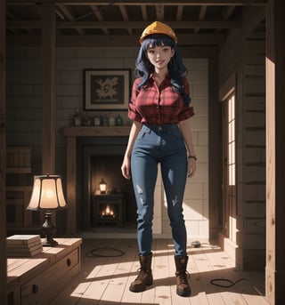 An ultra-detailed 4K masterpiece with industrial and horror styles, rendered in ultra-high resolution with realistic graphical details. | Naiya, a young 23-year-old woman with huge breasts, is dressed in a construction worker's outfit, consisting of a red and black plaid shirt, tight jeans, black work boots, and a yellow hard hat. She is also wearing brown leather gloves, silver heart earrings, and a black leather bracelet. Her blue hair is long and straight, falling over her shoulders in a half-up hairstyle. ((She has red eyes, which are looking straight at the viewer with a seductive smile, showing her shiny white teeth)). It is located in a house under construction, with rubble and bricks scattered across the floor. The place is dark and poorly lit, with lamps scattered across the floor. The rock and wooden structures are under construction, creating an industrial and uncomfortable atmosphere. | The image highlights Naiya's sensual figure and the architectural elements of the house under construction. The rock and wooden structures under construction, along with the rubble and lamps, create an industrial and horror atmosphere. Dim, intermittent lights illuminate the scene, creating eerie shadows and highlighting the details of the scene. | Soft, shadowy lighting effects create a tense, fear-filled atmosphere, while detailed textures on skin and clothing add realism to the image. | A frightening and seductive scene of a young woman dressed as a construction worker in a house under construction, exploring themes of industrial, horror, fear and seduction. | (((The image reveals a full-body shot as Naiya assumes a sensual pose, engagingly leaning against a structure within the scene in an exciting manner. She takes on a sensual pose as she interacts, boldly leaning on a structure, leaning back and boldly throwing herself onto the structure, reclining back in an exhilarating way.))). | ((((full-body shot)))), ((perfect pose)), ((perfect arms):1.2), ((perfect limbs, perfect fingers, better hands, perfect hands, hands)), ((perfect legs, perfect feet):1.2), Naiya has (((huge breasts))), ((perfect design)), ((perfect composition)), ((very detailed scene, very detailed background, perfect layout, correct imperfections)), Enhance, Ultra details, More Detail, ((poakl))