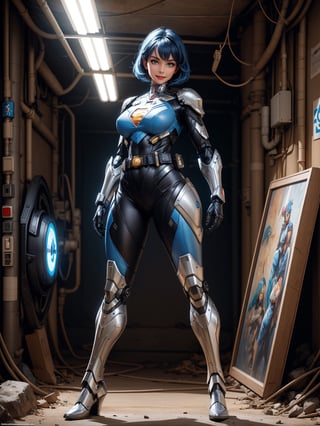 A woman, wearing mecha costume + Super Man costume, black costume with blue parts, belt suit, very large breasts, blue hair, short hair, punk hair, hair with bangs in front of the eyes, luminous helmet on the head, looking at the viewer, (((pose with interaction and leaning on [something|an object]))), in a cave with many machines, altars with ancient writing, robots, elevators, fully lit cave, ((full body):1.5), 16k, UHD, best possible quality, ultra detailed, best possible resolution, Unreal Engine 5, professional photography, well-detailed fingers, well-detailed hand, perfect_hands, ((mecha)) + ((super_man))