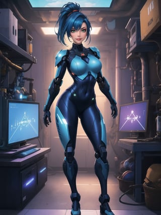 A woman is wearing a white mecha suit with blue parts. The suit has circular neon lights attached in various areas, and it fits tightly on her body. Her breasts are very large. She has blue hair, short, mohawk style, with a ponytail and a large fringe in front of her eyes. She is looking at the viewer. The scene takes place in a laboratory with many machines. There is a table with alchemy equipment, a computer, a plasma TV, and robots. ((She strikes a sensual pose, interacting with any object or item, leaning, resting and leaning against it)) + (((full body))), 8k, best possible quality, ultra detailed, best possible resolution, Unreal Engine 5, professional photography, perfect hand, fingers, hand, perfect,