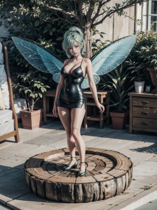 {((1 fairy woman))}, only she is {((wearing an extremely short and tight body dress made of green tree leaves extremely transparent, has extremely transparent and beautiful wings)), she has ((extremely gigantic breasts )), only she has ((very short bright blue hair, green eyes)), ((pose, erotic)), only she is smiling and staring at the viewer, ((in a house on a tree trunk, furniture , bed, luminous fairies, miniature objects))}, ((full body):1.5), 16k, best quality, best resolution, best sharpness,