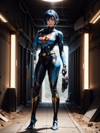 A woman, wearing mecha costume + Super Man costume, black costume with blue parts, belt suit, very large breasts, blue hair, short hair, punk hair, hair with bangs in front of the eyes, luminous helmet on the head, looking at the viewer, (((pose with interaction and leaning on [something|an object]))), in a cave with many machines, altars with ancient writing, robots, elevators, fully lit cave, ((full body):1.5), 16k, UHD, best possible quality, ultra detailed, best possible resolution, Unreal Engine 5, professional photography, well-detailed fingers, well-detailed hand, perfect_hands, ((mecha)) + ((super_man))