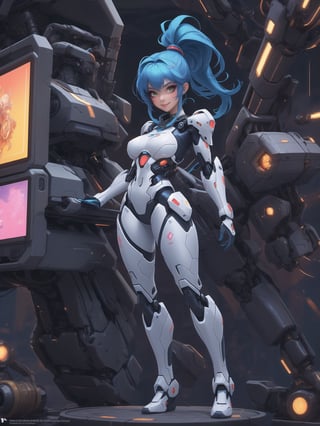 A woman is wearing a white mecha suit with blue parts. The suit has circular neon lights attached in various areas, and it fits tightly on her body. Her breasts are very large. She has blue hair, short, mohawk style, with a ponytail and a large fringe in front of her eyes. She is looking at the viewer. The scene takes place in a laboratory with many machines. There is a table with alchemy equipment, a computer, a plasma TV, a chair, and robots. ((She strikes a sensual pose, interacting with any object or item, leaning, resting and leaning against it)) + (full body:1.5), 8k, best possible quality, ultra detailed, best possible resolution, Unreal Engine 5, professional photography, perfect hand, fingers, hand, perfect