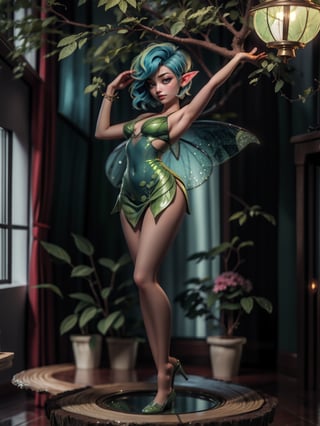 {((1 fairy woman))}, only she is {((wearing an extremely short and tight body dress made of green tree leaves extremely transparent, has extremely transparent and beautiful wings)), she has ((extremely gigantic breasts )), only she has ((very short bright blue hair, green eyes)), ((pose, erotic)), only she is smiling and staring at the viewer, ((in a house on a tree trunk, furniture , bed, luminous fairies, miniature objects))}, ((full body):1.5), 16k, best quality, best resolution, best sharpness,