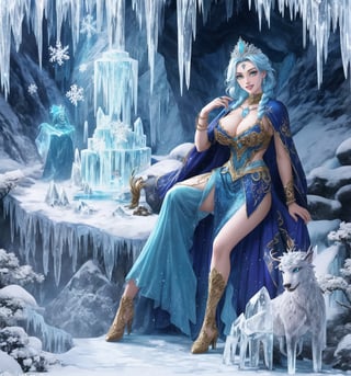 A masterpiece in the style of fantasy, magic, adventure, cold, and winter, rendered in ultra-high resolution with graphic details. | A 25-year-old woman named Luna, wearing an ice sorceress outfit in the color white with details in light blue and dark blue. The outfit has a long and flowing skirt, a blouse with long sleeves and a high collar, and a light blue-colored tulle cape. She also wears a silver tiara with a blue stone in the center, silver earrings with snowflake-shaped pendants, silver bracelets on her hands, and a silver ring with a small diamond on her left hand. She has blue hair, short and messy, with a larger strand on the left side. Her green eyes are looking at the viewer, ((smiling showing her white teeth)) and her lips are painted light blue. The scene takes place in a frozen cave, with rocky structures and white marble structures covered in ice, ice stalactites and stalagmites, an ice altar in the center, ice pillars scattered around, and ice sculptures and statues of mythical creatures. | The image highlights Luna's imposing figure, with her light blue and dark blue details contrasting with the white of the outfit and the cave. The details of the tiara, earrings, bracelets, and ring add a touch of elegance and sophistication to her appearance. Luna's green eyes and her bright, smiling smile and light blue lips add a touch of life and color to the scene. The frozen cave is a magical and enchanted environment, with the rocky and marble marble structures covered in ice, ice stalactites and stalagmites, and the ice sculptures and statues of mythical creatures creating a fantasy and adventure atmosphere. | Soft and cold lighting effects create a magical and enchanted atmosphere, while detailed textures on Luna's outfit, tiara, earrings, bracelets, ring, and the frozen cave add realism to the image. | A magical and enchanted scene of Luna, an ice sorceress, in a frozen cave, exploring themes of fantasy, magic, and adventure. | (((((The image reveals a full-body_shot as she assumes a sensual_pose, engagingly leaning against a structure within the scene in an exciting manner. She takes on a sensual_pose as she interacts, boldly leaning on a structure, leaning back in an exciting way))))). | ((perfect_body)), ((perfect_pose)), ((full-body_shot)), ((perfect_fingers, better_hands, perfect_hands)), ((perfect_legs, perfect_feet)), (((huge breasts))), ((perfect_design)), ((perfect_composition)), ((very detailed scene, very detailed background, perfect_layout, correct_imperfections)), ((More Detail, Enhance))