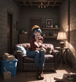 An ultra-detailed 4K masterpiece with industrial and horror styles, rendered in ultra-high resolution with realistic graphical details. | Naiya, a young 23-year-old woman with huge breasts, is dressed in a construction worker's outfit, consisting of a red and black plaid shirt, tight jeans, black work boots, and a yellow hard hat. She is also wearing brown leather gloves, silver heart earrings, and a black leather bracelet. Her blue hair is long and straight, falling over her shoulders in a half-up hairstyle. ((She has red eyes, which are looking straight at the viewer with a seductive smile, showing her shiny white teeth)). It is located in a house under construction, with rubble and bricks scattered across the floor. The place is dark and poorly lit, with lamps scattered across the floor. The rock and wooden structures are under construction, creating an industrial and uncomfortable atmosphere. | The image highlights Naiya's sensual figure and the architectural elements of the house under construction. The rock and wooden structures under construction, along with the rubble and lamps, create an industrial and horror atmosphere. Dim, intermittent lights illuminate the scene, creating eerie shadows and highlighting the details of the scene. | Soft, shadowy lighting effects create a tense, fear-filled atmosphere, while detailed textures on skin and clothing add realism to the image. | A frightening and seductive scene of a young woman dressed as a construction worker in a house under construction, exploring themes of industrial, horror, fear and seduction. | (((The image reveals a full-body shot as Naiya assumes a sensual pose, engagingly leaning against a structure within the scene in an exciting manner. She takes on a sensual pose as she interacts, boldly leaning on a structure, leaning back and boldly throwing herself onto the structure, reclining back in an exhilarating way.))). | ((((full-body shot)))), ((perfect pose)), ((perfect arms):1.2), ((perfect limbs, perfect fingers, better hands, perfect hands, hands)), ((perfect legs, perfect feet):1.2), Naiya has (((huge breasts))), ((perfect design)), ((perfect composition)), ((very detailed scene, very detailed background, perfect layout, correct imperfections)), Enhance, Ultra details, More Detail, ((poakl))