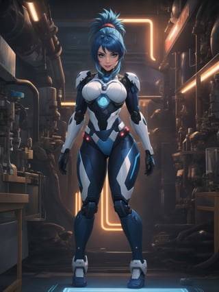 A woman is wearing a white mecha suit with blue parts. The suit has circular neon lights attached in various areas, and it fits tightly on her body. Her breasts are very large. She has blue hair, short, mohawk style, with a ponytail and a large fringe in front of her eyes. She is looking at the viewer. The scene takes place in a laboratory with many machines. There is a table with alchemy equipment, a computer, a plasma TV, a chair, and robots. ((She strikes a sensual pose, interacting with any object or item, leaning, resting and leaning against it)), maximum detail, ((full body)), UHD, best possible quality, ultra detailed, best possible resolution, Unreal Engine 5, professional photography, perfect hand, fingers, hand, perfect