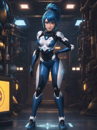 A woman is wearing a white mecha suit with blue parts. The suit has circular neon lights attached in various areas, and it fits tightly on her body. Her breasts are very large. She has blue hair, short, mohawk style, with a ponytail and a large fringe in front of her eyes. She is looking at the viewer. The scene takes place in a laboratory with many machines. There is a table with alchemy equipment, a computer, a plasma TV, and robots. ((She strikes a sensual pose, interacting with any object or item, leaning, resting and leaning against it)) + ((full body)), 8k, best possible quality, ultra detailed, best possible resolution, Unreal Engine 5, professional photography, perfect hand, fingers, hand, perfect,