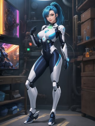 A woman is wearing a white mecha suit with blue parts. The suit has circular neon lights attached in various areas, and it fits tightly on her body. Her breasts are very large. She has blue hair, short, mohawk style, with a ponytail and a large fringe in front of her eyes. She is looking at the viewer. The scene takes place in a laboratory with many machines. There is a table with alchemy equipment, a computer, a plasma TV, and robots. ((She strikes a sensual pose, interacting with any object or item, leaning, resting and leaning against it)) + (((full body))), 8k, best possible quality, ultra detailed, best possible resolution, Unreal Engine 5, professional photography, perfect hand, fingers, hand, perfect