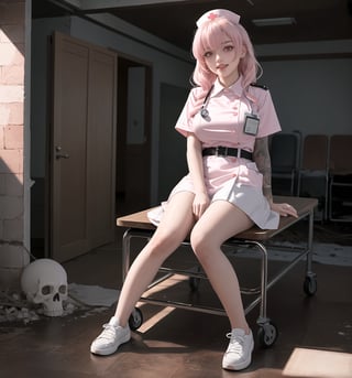 An ultra-detailed 4K masterpiece featuring horror and fantasy styles, rendered in ultra-high resolution with stunning graphical detail. | Maiya, a 23-year-old female nurse, dressed in a white nurse's uniform consisting of a white button-down blouse, white skirt and white shoes. Her long, wavy ((pink hair)) falls over her shoulders, giving her an innocent and vulnerable look. ((Its red eyes are fixed on the viewer, smiling and showing its white teeth)). | The image highlights Maiya's imposing figure and the architectural elements of the macabre, destroyed and filthy hospital in which she finds herself. The destroyed hospital structures and broken hospital machines scattered across the floor create a frightening and oppressive environment. Blinking bulbs create dramatic shadows and highlight details in the scene. In the background, a demon in the shadows looks at Maiya, adding an extra layer of tension and fear. | Soft, shadowy lighting effects create a tense, fear-filled atmosphere, while rough, detailed textures on structures and uniforms add realism to the image. | A haunting and suspenseful scene of a woman nurse in a macabre hospital, exploring themes of horror, fear and survival. | (((The image reveals a full-body shot as Maiya assumes a sensual pose, engagingly leaning against a structure within the scene in an exciting manner. She takes on a sensual pose as she interacts, boldly leaning on a structure, leaning back and boldly throwing herself onto the structure, reclining back in an exhilarating way.))). | ((((full-body shot)))), ((perfect pose)), ((perfect arms):1.2), ((perfect limbs, perfect fingers, better hands, perfect hands, hands)), ((perfect legs, perfect feet):1.2), ((perfect design)), ((perfect composition)), ((very detailed scene, very detailed background, perfect layout, correct imperfections)), Enhance, Ultra details, More Detail, ((poakl))