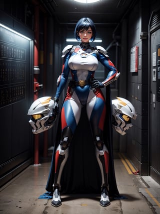A woman, wearing mecha costume + Super Man costume, black costume with blue parts, belt suit, very large breasts, blue hair, short hair, punk hair, hair with bangs in front of the eyes, luminous helmet on the head, looking at the viewer, (((pose with interaction and leaning on [something|an object]))), in a cave with many machines, altars with ancient writing, robots, elevators, fully lit cave, ((full body):1.5), 16k, UHD, best possible quality, ultra detailed, best possible resolution, Unreal Engine 5, professional photography, well-detailed fingers, well-detailed hand, perfect_hands, ((mecha)) + ((super_man))