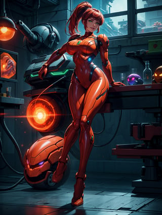 A woman, wearing a red mecha suit with green stripes, an extremely tight-fitting suit, monstrously gigantic breasts, red hair, very short hair, hair in a ponytail, bangs in front of her eyes, looking at the viewer, (((erotic pose interacting and leaning on an object))), in a laboratory, machines, robots, windows showing outer space outside the window, ((full body):1.5). 16k, UHD, best possible quality, ((best possible detail):1), best possible resolution, Unreal Engine 5, professional photography, ((Super Metroid)),