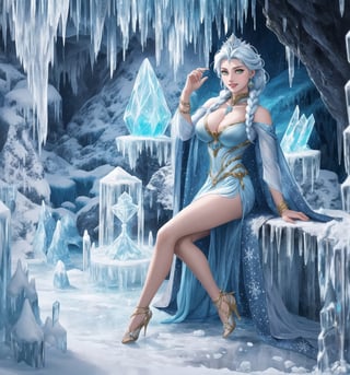 A masterpiece of digital art in the style of fantasy, magic, adventure, cold, and winter, rendered in ultra-high resolution with graphic details. | A 22-year-old woman named Elsa, wearing an ice sorceress costume in the color white with light blue and dark blue details. The costume has a long and flowing skirt, a blouse with long sleeves and a high collar, and a light blue tulle cape. She also wears a silver tiara with a blue stone in the center, silver earrings with snowflake-shaped pendants, silver bracelets on her hands, and a silver ring with a small diamond on her left hand. She has blue hair, short and messy, with a larger strand on the left side. Her green eyes are looking at the viewer, smiling, showing her white teeth and lips painted in light blue. The scene takes place in a frozen cave, with a rocky and white marble marble structure covered in ice, ice stalactites and stalagmites, an ice altar in the center, an ice pillar spread throughout the place, and ice sculptures and statues of mythical creatures. | The image highlights Elsa's imposing figure, with her light blue and dark blue details contrasting with the white of the costume and the cave. The details of the tiara, earrings, bracelets, and ring add a touch of elegance and sophistication to her appearance. Elsa's green eyes and her bright, smiling smile and light blue lips add a touch of life and color to the scene. The frozen cave is a magical and enchanted environment, with the rocky and white marble structures covered in ice, the ice stalactites and stalagmites, and the ice sculptures and statues of mythical creatures creating an atmosphere of fantasy and adventure. | Soft and cold lighting effects create a magical and enchanted atmosphere, while detailed textures on Elsa's costume, tiara, earrings, bracelets, ring, and the frozen cave add realism to the image. | A magical and enchanted scene of Elsa, an ice sorceress, in a frozen cave, exploring themes of fantasy, magic, and adventure. | (((((The image reveals a full-body shot as she assumes a sensual pose, engagingly leaning against a structure within the scene in an exciting manner. She takes on a sensual pose as she interacts, boldly leaning on a structure, leaning back in an exciting way)))))). | ((perfect body)), ((perfect pose)), ((full-body shot)), ((perfect fingers, better hands, perfect hands)), ((perfect legs, perfect feet)), (((huge_breasts, big_natural_breasts, sagging_breasts))), ((perfect design)), ((perfect composition)), ((very detailed scene, very detailed background, perfect layout, correct imperfections)), ((More Detail, Enhance)),