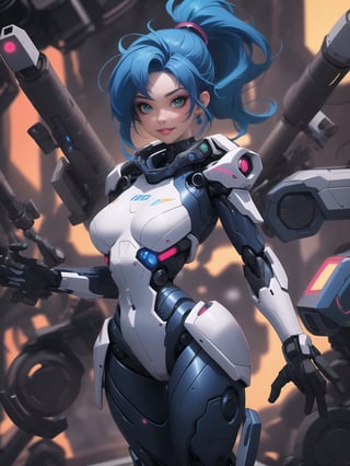 maximum detail, A woman is wearing a white mecha suit with blue parts. The suit has circular neon lights attached in various areas, and it fits tightly on her body. Her breasts are very large. She has blue hair, short, mohawk style, with a ponytail and a large fringe in front of her eyes. She is looking at the viewer. The scene takes place in a laboratory with many machines. There is a table with alchemy equipment, a computer, a plasma TV, a chair, and robots. ((She strikes a sensual pose, interacting with any object or item, leaning, resting and leaning against it))+(full body:1.5), 8k, best possible quality, ultra detailed, best possible resolution, Unreal Engine 5, professional photography, perfect hand, fingers, hand, perfect