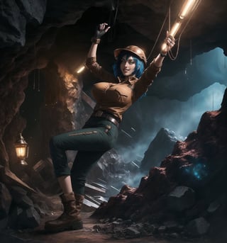 A masterpiece in 4K ultra-detailed realistic and futuristic style. | Ayla, a 26-year-old woman with short, messy blue hair, wears a brown mining suit with copper and black accents. The suit consists of a short-sleeved shirt, long pants, and high-top boots. She also wears a protective helmet with a lamp on the front, brown leather gloves, a belt with various tools, and a copper pocket watch. Her green eyes are looking at the viewer, ((smiling)) showing her white teeth and lips painted in dark brown. The scene takes place in a mining cave, with rocky structures and wooden and metal frameworks, mining machinery and equipment, and lamps attached to the walls. | The image highlights Ayla's imposing figure amidst the mining cave. The rocky, wooden, and metal structures, along with Ayla, the mining equipment, the tools on her belt, and the lamps on the walls, create a futuristic and industrial atmosphere. The lamps and the light from the helmet's lamp create dramatic shadows and highlight the details of the scene. | Soft and dark lighting effects create a relaxing and mysterious atmosphere, while rough and detailed textures on the structures and the suit add realism to the image. | A relaxing and terrifying scene of Ayla, a woman miner, in a futuristic mining cave. | (((((The image reveals a full-body_shot as she assumes a sensual_pose, engagingly leaning against a structure within the scene in an exciting manner. She takes on a sensual_pose as she interacts, boldly leaning on a structure, leaning back in an exciting way)))))). | ((perfect_body)), ((perfect_pose)), ((full-body_shot)), ((perfect_fingers, better_hands, perfect_hands)), ((perfect_legs, perfect_feet)), ((huge_breasts, big_natural_breasts, sagging_breasts)), ((perfect_design)), ((perfect_composition)), ((very detailed scene, very detailed background, perfect_layout, correct_imperfections)), ((More Detail, Enhance))