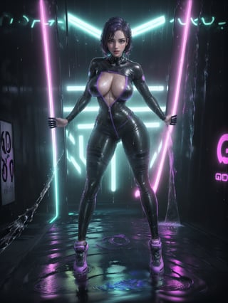 ((Full body):2) {((Solo/Just a 30 year old woman):2)}:{((wearing black cyberpunk costume with neon lights extremely tight and tight on the body, semi transparent):1.5), ((extremely large breasts):1.5), only she has ((very short purple hair, green eyes):1.5), ((looking at viewer, maniacal smile):1.5), She has ((body/attire all soaked in water):1.5) she is doing ((erotic pose):1.5)}; {Background:In a futuristic city raining heavily, (with cars parked on the street):1.5)}, Hyperrealism, 16k, ((best quality, high details):1.4), anatomically correct, masterpiece, UHD