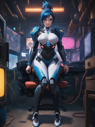 A woman is wearing a white mecha suit with blue parts. The suit has circular neon lights attached in various areas, and it fits tightly on her body. Her breasts are very large. She has blue hair, short, mohawk style, with a ponytail and a large fringe in front of her eyes. She is looking at the viewer. The scene takes place in a laboratory with many machines. There is a table with alchemy equipment, a computer, a plasma TV, a chair, and robots. ((She strikes a sensual pose, interacting with any object or item, leaning, resting and leaning against it)), maximum detail, ((full body)), UHD, best possible quality, ultra detailed, best possible resolution, Unreal Engine 5, professional photography, perfect hand, fingers, hand, perfect