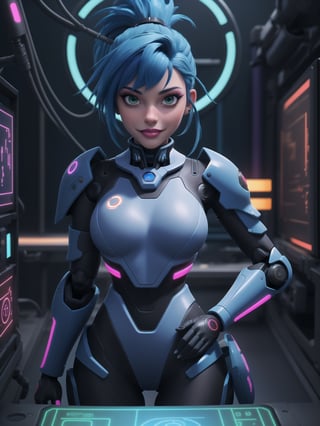 maximum detail, A woman is wearing a white mecha suit with blue parts. The suit has circular neon lights attached in various areas, and it fits tightly on her body. Her breasts are very large. She has blue hair, short, mohawk style, with a ponytail and a large fringe in front of her eyes. She is looking at the viewer. The scene takes place in a laboratory with many machines. There is a table with alchemy equipment, a computer, a plasma TV, a chair, and robots. ((She strikes a sensual pose, interacting with any object or item, leaning, resting and leaning against it)), ((full body)), 16k, best possible quality, ultra detailed, best possible resolution, Unreal Engine 5, professional photography, perfect hand, fingers, hand, perfect