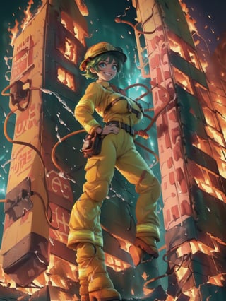 ((Full body):2) {((Only one woman):2)}; {Only one woman}:{((She is wearing a yellow firefighter outfit with extremely tight neon stripes around her body, with a firefighter hat):1.5), She has ((extremely large breasts):1.5), She has (( very short green hair and sparkling green eyes):1.5), She is ((looking at the viewer, smiling):1.5), She is wearing ((clothes all wet with water making it transparent):1.5), She is doing ((erotic pose for viewer):1.5)}; {Background:((She's in a burning building, there's a fire truck behind her putting out the fire):1.5)}, Hyperrealism, 16k, ((best quality, high details):1.4), anatomically correct, UHD , masterpiece, ambient lighting