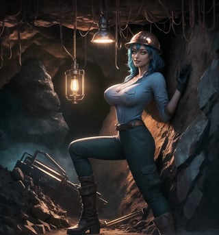A masterpiece in 4K ultra-detailed realistic and futuristic style. | Ayla, a 26-year-old woman with short, messy blue hair, wears a brown mining suit with copper and black accents. The suit consists of a short-sleeved shirt, long pants, and high-top boots. She also wears a protective helmet with a lamp on the front, brown leather gloves, a belt with various tools, and a copper pocket watch. Her green eyes are looking at the viewer, ((smiling)) showing her white teeth and lips painted in dark brown. The scene takes place in a mining cave, with rocky structures and wooden and metal frameworks, mining machinery and equipment, and lamps attached to the walls. | The image highlights Ayla's imposing figure amidst the mining cave. The rocky, wooden, and metal structures, along with Ayla, the mining equipment, the tools on her belt, and the lamps on the walls, create a futuristic and industrial atmosphere. The lamps and the light from the helmet's lamp create dramatic shadows and highlight the details of the scene. | Soft and dark lighting effects create a relaxing and mysterious atmosphere, while rough and detailed textures on the structures and the suit add realism to the image. | A relaxing and terrifying scene of Ayla, a woman miner, in a futuristic mining cave. | ((((The image reveals a full-body_shot as she assumes a sensual_pose, engagingly leaning against a structure within the scene in an exciting manner. She takes on a sensual_pose as she interacts, boldly leaning on a structure, leaning back in an exciting way)))). | ((perfect_body)), ((perfect_pose)), ((full-body_shot)), ((perfect_fingers, better_hands, perfect_hands)), ((perfect_legs, perfect_feet)), ((huge_breasts, big_natural_breasts, sagging_breasts)), ((perfect_design)), ((perfect_composition)), ((very detailed scene, very detailed background, perfect_layout, correct_imperfections)), ((More Detail, Enhance))