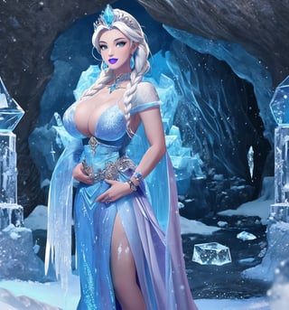 A masterpiece of digital art in the style of fantasy, magic, adventure, cold, and winter, rendered in ultra-high resolution with graphic details. | A 22-year-old woman named Elsa, wearing an ice sorceress costume in the color white with light blue and dark blue details. The costume has a long and flowing skirt, a blouse with long sleeves and a high collar, and a light blue tulle cape. She also wears a silver tiara with a blue stone in the center, silver earrings with snowflake-shaped pendants, silver bracelets on her hands, and a silver ring with a small diamond on her left hand. She has blue hair, short and messy, with a larger strand on the left side. Her green eyes are looking at the viewer, smiling, showing her white teeth and lips painted in light blue. The scene takes place in a frozen cave, with a rocky and white marble marble structure covered in ice, ice stalactites and stalagmites, an ice altar in the center, an ice pillar spread throughout the place, and ice sculptures and statues of mythical creatures. | The image highlights Elsa's imposing figure, with her light blue and dark blue details contrasting with the white of the costume and the cave. The details of the tiara, earrings, bracelets, and ring add a touch of elegance and sophistication to her appearance. Elsa's green eyes and her bright, smiling smile and light blue lips add a touch of life and color to the scene. The frozen cave is a magical and enchanted environment, with the rocky and white marble structures covered in ice, the ice stalactites and stalagmites, and the ice sculptures and statues of mythical creatures creating an atmosphere of fantasy and adventure. | Soft and cold lighting effects create a magical and enchanted atmosphere, while detailed textures on Elsa's costume, tiara, earrings, bracelets, ring, and the frozen cave add realism to the image. | A magical and enchanted scene of Elsa, an ice sorceress, in a frozen cave, exploring themes of fantasy, magic, and adventure. | (((((The image reveals a full-body shot as she assumes a sensual pose, engagingly leaning against a structure within the scene in an exciting manner. She takes on a sensual pose as she interacts, boldly leaning on a structure, leaning back in an exciting way)))))). | ((perfect body)), ((perfect pose)), ((full-body shot)), ((perfect fingers, better hands, perfect hands)), ((perfect legs, perfect feet)), (((huge_breasts))), ((perfect design)), ((perfect composition)), ((very detailed scene, very detailed background, perfect layout, correct imperfections)), ((More Detail, Enhance)),