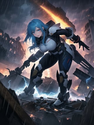 Impeccable 8K resolution, ultra-detailed. In a fusion style of mecha and CGI anime, with traits reminiscent of futuristic aesthetics. | Amidst the destruction of a city at night, under heavy rain, a 30-year-old woman, clad in a white mecha suit with blue details and golden neon lights, displays an intense expression of hatred and fury. Her voluminous bust and spiky blue hair, with a fringe covering part of her right eye, add a distinctive touch to her presence. She stares directly at the viewer, emanating a blue magical aura with pulsating thunder around her. | The composition highlights the character in the foreground, while massive debris from destroyed buildings and wreckage of machines fill the scene. The dynamic angle emphasizes the strength and determination of the woman amidst the chaos. | Effects like dramatic lighting, intense rain, and thunder flashes create an electrifying atmosphere. The intensity of the magical aura adds a supernatural touch to the scene, heightening the character's sense of power. | A commanding woman in a white mecha suit, expressing anger and determination amid the destruction of a city at night under heavy rain. She ((interacting and leaning on anything, very large structure+object, leaning against, sensual pose):1.2), ((Full body image)), better_hands, More Detail