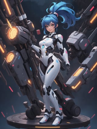 A woman is wearing a white mecha suit with blue parts. The suit has circular neon lights attached in various areas, and it fits tightly on her body. Her breasts are very large. She has blue hair, short, mohawk style, with a ponytail and a large fringe in front of her eyes. She is looking at the viewer. The scene takes place in a laboratory with many machines. There is a table with alchemy equipment, a computer, a plasma TV, a chair, and robots. ((She strikes a sensual pose, interacting with any object or item, leaning, resting and leaning against it))+(full body:1.5), 8k, best possible quality, ultra detailed, best possible resolution, Unreal Engine 5, professional photography, perfect hand, fingers, hand, perfect