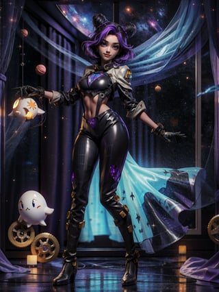 ((full body, standing):1.5), {((1 woman))}, {((wearing black futuristic costume with blank parts and gears and mechanical parts, extremely tight and tight on the body, showing her curvatures)), ((extremely big breasts)), ((very short purple hair, blue eyes)) looking at viewer, smiling, very happy, ((exhibitionist pose leaning back)), ((in ghost spaceship, all destroyed, old equipment, spider webs, lots of dirt, window showing outer space))}, 16k, best quality, best resolution, best sharpness, ultra detailed,jolynejojo