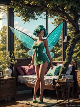 {((1 fairy woman))}, only she is {((wearing an extremely short and tight body dress made of green tree leaves extremely transparent, has extremely transparent and beautiful wings)), she has ((extremely gigantic breasts)), only she has ((very short bright blue hair, green eyes)), ((pose, erotic)), only she is smiling and staring at the viewer, ((in a house on a tree trunk, furniture , bed, luminous fairies, miniature objects))}, ((full body):1.5), 16k, best quality, best resolution, best sharpness,