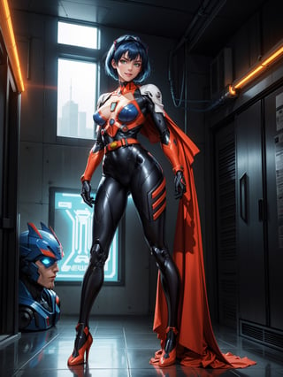 A woman, wearing mecha costume + Super Man costume, black costume with blue parts, belt suit, extremely big breasts, blue hair, short hair, punk hair, hair with bangs in front of the eyes, luminous helmet on the head, looking at the viewer, (((pose with interaction and leaning on [something|an object]))), in an alien temple with many machines,  altars with old writing, robots, elevators, ((full body):1.5), 16k, UHD, best possible quality, ultra detailed, best possible resolution, Unreal Engine 5, professional photography, well-detailed fingers, well-detailed hand, perfect_hands, ((mecha)) + ((neon_genesis_evangelion)) + ((super_man))
