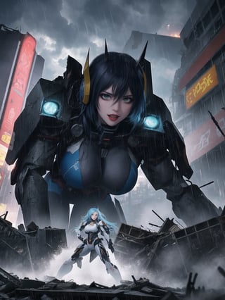 Impeccable 8K resolution, ultra-detailed. In a fusion style of mecha and CGI anime, with traits reminiscent of futuristic aesthetics. | Amidst the destruction of a city at night, under heavy rain, a 30-year-old woman, clad in a white mecha suit with blue details and golden neon lights, displays an intense expression of hatred and fury. Her voluminous bust and spiky blue hair, with a fringe covering part of her right eye, add a distinctive touch to her presence. She stares directly at the viewer, emanating a blue magical aura with pulsating thunder around her. | The composition highlights the character in the foreground, while massive debris from destroyed buildings and wreckage of machines fill the scene. The dynamic angle emphasizes the strength and determination of the woman amidst the chaos. | Effects like dramatic lighting, intense rain, and thunder flashes create an electrifying atmosphere. The intensity of the magical aura adds a supernatural touch to the scene, heightening the character's sense of power. | A commanding woman in a white mecha suit, expressing anger and determination amid the destruction of a city at night under heavy rain. She ((interacting and leaning on anything, very large structure+object, leaning against, sensual pose):1.2), ((Full body image)), better_hands, More Detail