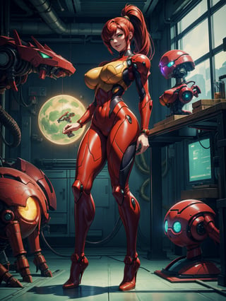 A woman, wearing a red mecha suit with green stripes, an extremely tight-fitting suit, monstrously gigantic breasts, red hair, very short hair, hair in a ponytail, bangs in front of her eyes, looking at the viewer, (((erotic pose interacting and leaning on an object))), in a laboratory, machines, robots, windows showing outer space outside the window, ((full body):1.5). 16k, UHD, best possible quality, ((best possible detail):1), best possible resolution, Unreal Engine 5, professional photography, ((Super Metroid)),