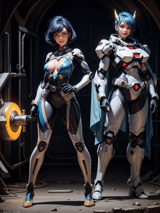 A woman, wearing mecha costume + Super Man costume, black costume with blue parts, belt suit, very large breasts, blue hair, short hair, punk hair, hair with bangs in front of the eyes, luminous helmet on the head, looking at the viewer, (((pose with interaction and leaning on [something|an object]))), in a cave with many machines, altars with ancient writing, robots, elevators, fully lit cave, ((full body):1.5), 16k, UHD, best possible quality, ultra detailed, best possible resolution, Unreal Engine 5, professional photography, well-detailed fingers, well-detailed hand, perfect_hands, ((mecha)) + ((super_man))