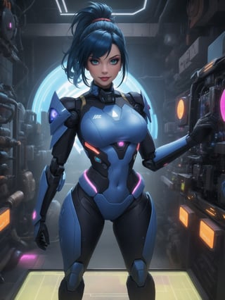 A woman is wearing a white mecha suit with blue parts. The suit has circular neon lights attached in various areas, and it fits tightly on her body. Her breasts are very large. She has blue hair, short, mohawk style, with a ponytail and a large fringe in front of her eyes. She is looking at the viewer. The scene takes place in a laboratory with many machines. There is a table with alchemy equipment, a computer, a plasma TV, a chair, and robots. ((She strikes a sensual pose, interacting with any object or item, leaning, resting and leaning against it)), 16k, UHD, maximum detail, ((full body)), best possible quality, ultra detailed, best possible resolution, Unreal Engine 5, professional photography, perfect hand, fingers, hand, perfect