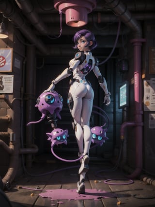 {((1woman))}, only she is {((white mecha suit with black parts, gears, cybernetic parts)), only she has ((giant breasts)), ((sex pose from the front, short purple hair, blue eyes)), staring at the viewer, smiling, ((alien cave, goo on the walls, equipment with pipes and lights, several gooey monsters, back, back, well-lit area))}, ((full body):1.5), ((Super Metro id)), 16k, best quality, best resolution, best sharpness,