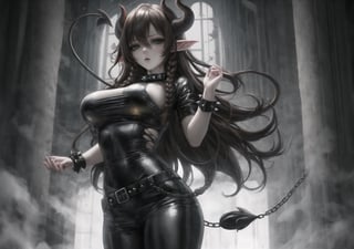 a demon woman, horns, long horns, pale skin, big breasts, thighs, long hair with highlights, highlights, black hair, long braids, slave collar, slave handcuffs, pale brown shirt, short torn leather pants, dynamic pose , green eyes, calm expression, looking at viewer, spikes, white print